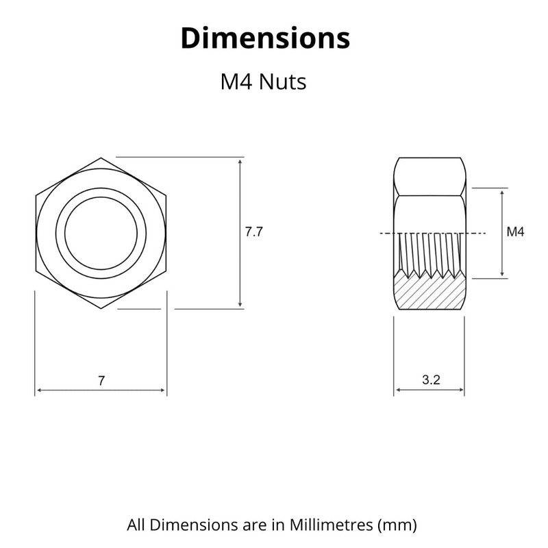 M4 (4mm) Steel Hex Nuts - Standard Thread - Pack