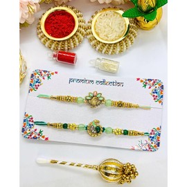 NiLy Craft 2 Pcs Brother Sister Rakhi Gift Set | Unique Green & Pista Mor/Peacock Charm Rakhi with Mix Color Pure Cotton Threads | Includes Tika Stick, Roli (Kumkum), Chawal (Rice) | Traditional Raksha Bandhan Combo for All Ages