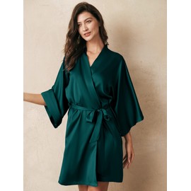 AW BRIDAL Women's Satin Robe, Pure Short Silk Kimono Robes Bridesmaid Bride Wedding Party Robe Sleepwear Nightgown, Hunter Green M