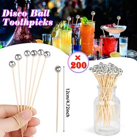 FOIMAS 200pcs Disco Ball Cocktail Picks,70's Silver Bamboo Toothpicks Skewers for Appetizers Drinks Food Disco 1970s Party Decoration