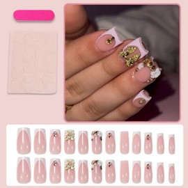 French Tips Press on Nails Medium Square Fake Nails with Gold Bow Charm Design Rhinestone Glue on Nails Glossy White Floral Stick on Nail Reusable Summer False Nail for Women Girls Manicure 24Pcs