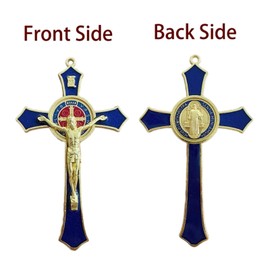 Saint Benedict Benedictine Red Enamel 4.7X2.7 Inch Protection Wall Crucifix Cross Catholic San Benito Medalla Prayer Decoration (Blue)