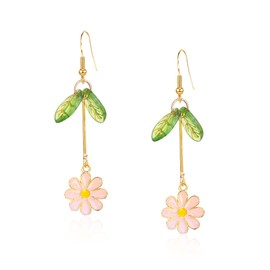 Just Follow Alloy Daisy Flower Drop Dangle Earrings Long Tassel Bohemian Flower Statement Earrings for Women Gifts With Green Leaf (Pink)