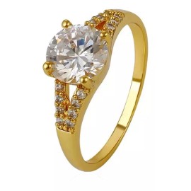 Dtup Anillo Compromiso Chapado En Oro De 18k Piedra Grande