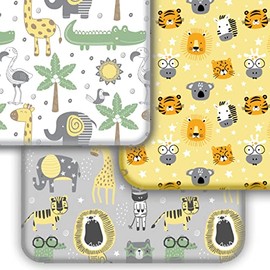 GROW WILD Crib Sheets 3 Pack Safari | Soft & Stretchy Jersey Cotton Fitted Crib Sheet, White Yellow Gray Baby Crib Sheets for Girl or Boy, Crib Mattress Sheet or Toddler Bed Sheet, Elephant baby sheet