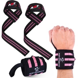 AQF Wrist Support Kit – 18” Wrist Wraps and Padded Lifting Straps for Deadlifts, Weight lifting, Powerlifting, CrossFit, Fitness Workout, and Strength Training Men & Women(1 Pair Each)(Black & Pink)