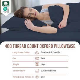 Pizuna 100% Cotton Standard Pillowcases 2 Pack Dark Blue 50x75cm, 400 Thread Count Long Staple Combed Cotton Soft Pillow Cover, Sateen Weave Oxford Pillow Cases (Cooling Pillowcase 2PC)
