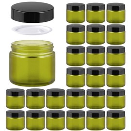 2oz Jars with Lids, HOA Kinh 24 Pack Green Frosted Glass Jars with Lids Empty Cosmetic Containers Round Airtight Glass Jar with Black Lids for Storing Lotions Powders Ointments