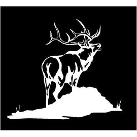 White Vinyl Decal - Elk Bugle Mountain Hunt Hunting Antlers Fun Sticker, Die Cut Decal Bumper Sticker for Windows, Cars, Trucks, Laptops, Etc.