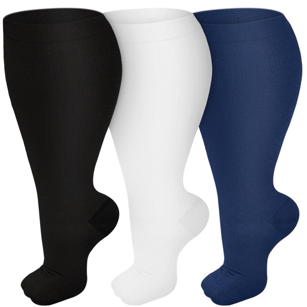 3 paquetes de calcetines de compresión de talla grande para mujeres y hombres de 20 a 30 mmhg, medias de apoyo alto hasta la rodilla para medicina..