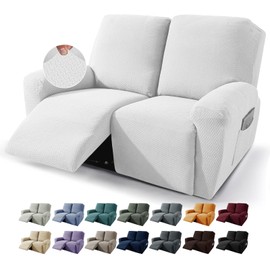 JIVINER 6-Piece Loveseat Recliner Slipcover Stretch Jacquard Recliner Sofa Cover 2 Seater Washable Reclining Couch Cover with Pocket Fitted Furniture Protector Cover (Loveseat Recliner, Off White)