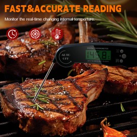 Meat Thermometer Digital for Cooking and Grilling, Collapsible Probe, with Magnet, Calibration, Backlight Waterproof Food Thermometer, Meat, Steak, Turkey (Black)