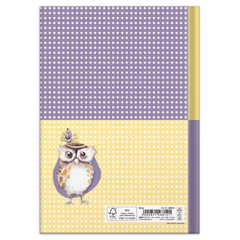 RNKVERLAG 46812 Notebook Owl DIN A5 Dotted with 96 Sheets