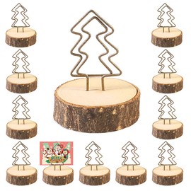 LucyPhy 12Packs Christmas Wood Place Card Holders with Christmas Tree Wire and 20Pcs Kraft Place Cards, Wooden Table Memo Photo Picture Number Sign Stands Holder for Party Wedding Table Decoration