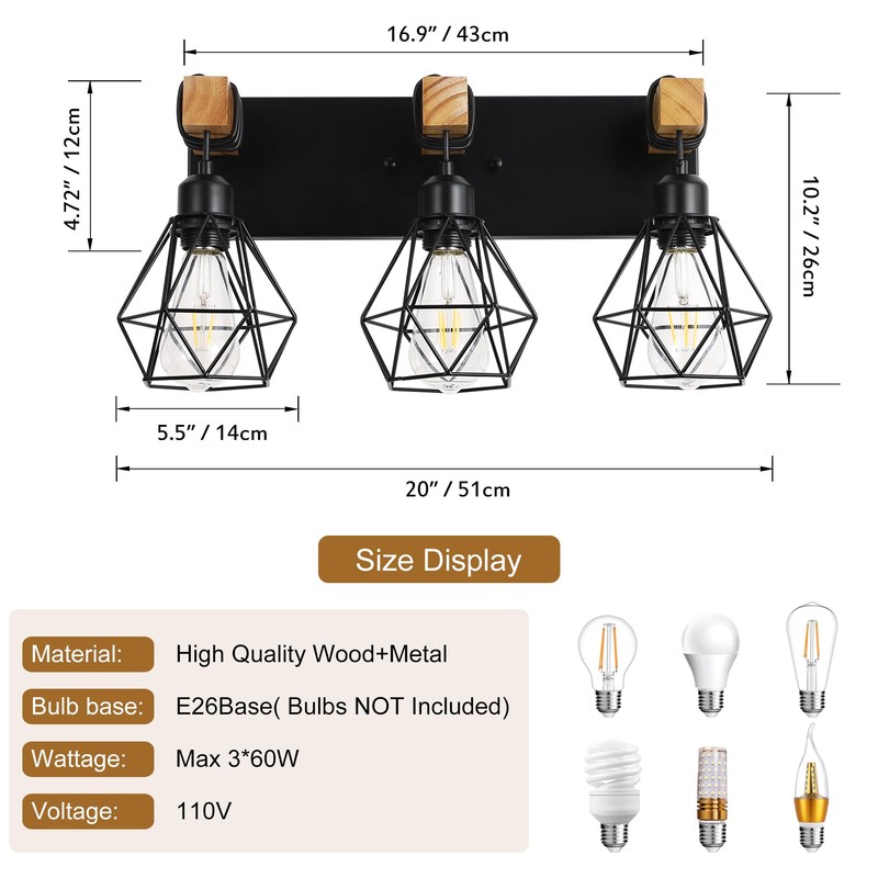 Farmhouse Vanity Light for Bathroom, 3-Light Wood Bathroom Vanity Light