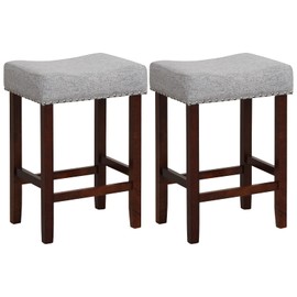 Giantex 25" Counter Height Bar Stools Set of 2 - Backless Saddle Barstools with Nailhead Linen Foam Seat, Max Load 330 Lbs Wood Bar Stools with Foot Rest for Kitchen Island, Grey