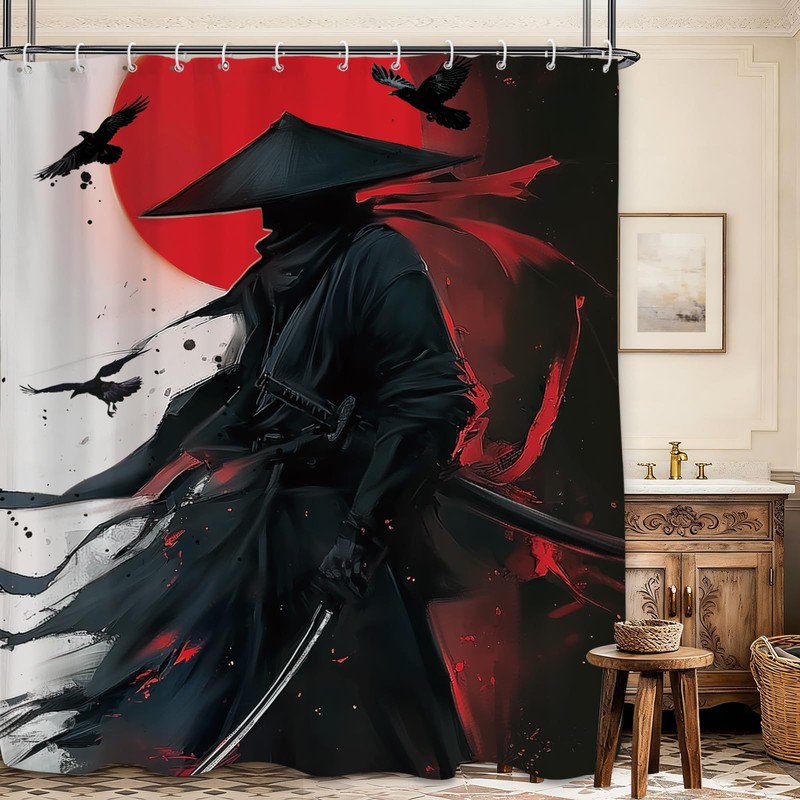 Black Red Samurai Shower Curtain 60Wx71L, Japanese Man Shower Curtains