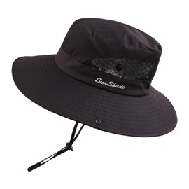 PESAAT Women Men Fishing Hat Summer Sun Hats for Women UV Protection Wide Brim Bucket Hats with Ponytail-Hole (Black)