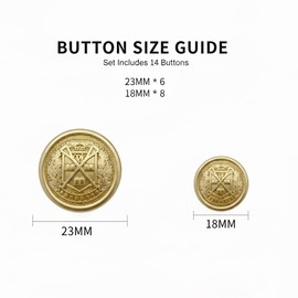 14 Pcs Matte Gold Crest Metal Buttons for Clothes, Vintage-Look Replacement Buttons for Blazers, Suits, Coats, Jackets and Uniforms (6 × 23mm, 8 × 18mm)