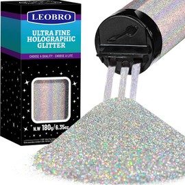 LEOBRO 180G/6.35OZ Holographic Ultra Fine Glitter, 1/128" Silver Glitter Fine Glitter Resin Glitter, Christmas Glitter Hair Face Body Glitter, Metallic Iridescent Glitter for Resin Tumblers Art Crafts