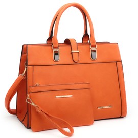 Women's Handbag Flap-over Belt Shoulder Bag Top Handle Tote Satchel Purse Work Bag w/Matching Wristlet (Orange)