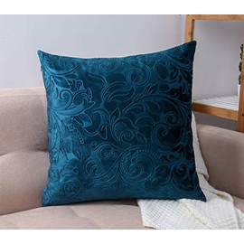 TangDepot Heavy Velvet Embossing Throw Pillow Cover, Classis Floral Anaglyph Velvet Fabric, Euro Sham, European Throw Pillow Cover, Indoor/Outdoor - (28" x 28", C02 Teal Green)