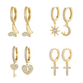 4 Pairs Gold/Silver Hoops Earrings for Women, Hoop Earrings with Cubic Zirconia, Lightweight Open Hoops Earrings, Star & Moon/Cross/Butterfly/Heart Dangle Earrings, Gift for Women Girls (Gold)