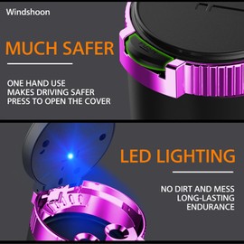 Windshoon Car Ashtray with Lid, Portable Ashtray for Car, Detachable Stainless Steel Smokeless Ashtray with LED Blue Light, Windproof for car Travel, Mini Car Trash Can(Purple 1-Pack)