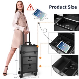 Yokilly Rolling Makeup Train Case, Professional Cosmetology Case on Wheels, Aluminum Cosmetic Trolley Travelling Cart Trunk with Swivel Wheels, Sliding Drawer & Keys for Nail Technician Stylist(Black)