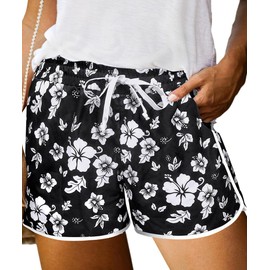 RITERA Women Shorts Plus Size Summer Pants Vacation Beach Short Casual Oversized Curvy Pant with Pocket Black Floral Drawstring Elastic Waist Pant 1X 1Xl 14W 16W
