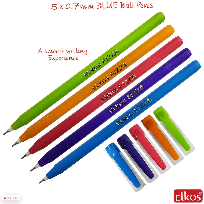ELKOS BLUE Ballpoint Pens, 0.7mm Fine Point, Pack of 5,