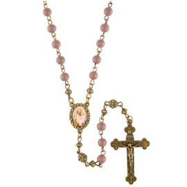 Needzo - Pink Glass Prayer Bead Catholic Antique Finish Rosary Necklace with St Joseph Centerpiece, Christian Jewelry for Women, 21 Inch