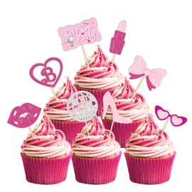 24Pcs Princess Cupcake Toppers Hot Pink Let's Go Party Lipstick Kiss High Heel Bow Tie Disco Cupcake Toppers for Princess Birthday Party Decoration Bachelorette Bridal Shower Baby Shower Wedding Party