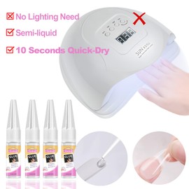 Quick-Drying Nail Glue for Press On Nails False Acrylic Nails, New Upgrade Semi Solid 10ml Multiple Use Nail Glue Gel, No UV Lamp Needed, Super Strong Natural No White No Bubbles (Glue*4)