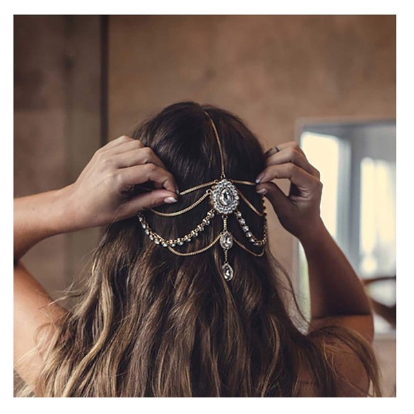 Leiorthrix Boho Crystal Pendant Head Chain Wedding Hair Chain Jewelry Headpiece Bridal Queen Hair Accessories for Women (Gold)
