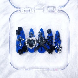 Goth Loli Gothic Navy Blue Skull Rose Full Parts Handmade Nail Tips / 고스로리 고딕 남색해골장미 풀파츠 수제네일팁