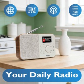 MangoKit SR-L WiFi Internet Radio, Podcast Player, Bluetooth Speaker,150 Presets, Portable FM Radio, Alarm Clock Radio, Compact Kitchen Radio with Full Colour Display, Mains or Battery Powered-Walnut
