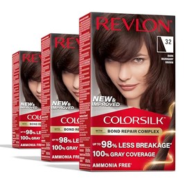 REVLON Revlon ColorSilk with Bond Repair Complex, Brown Permanent Hair Color, 100% Gray Coverage, Ammonia Free Hair Dye, Vegan Keratin, 32 Dark Mahogany Brown (Pack of 3)