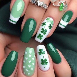 St. Patrick's Day Press on Nails Green Fake Nails Medium Square St. Patrick's Lucky Clover Design Cute Shamrock Irish Press on Tips Stick on Nails Artificial Acrylic False Nails Gift for Women Girls