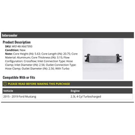 Turbo Intercooler Air Cooler - Compatible with 2015-2019 Ford Mustang 2.3L 4-Cylinder Turbocharged