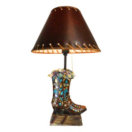 Rustic Western Faux Tooled Leather Floral Succulents Cowboy Boot Table Lamp