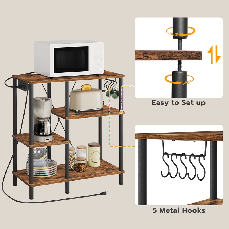 HOOBRO Bakers Rack with Power Outlet, Microwave Stand with 5