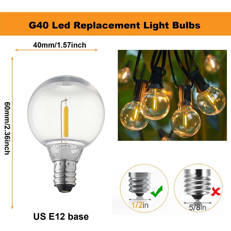 abulber G40 LED Outdoor String Light Bulbs, Shatterproof Waterproof, E12