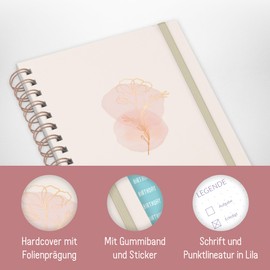 Häfft® Bullet Journal Fancy - Hardcover Notebook A5 Dotted, 120 g/m² Paper, Rose Gold Embossing, 160 Pages - Ring Binder, Diary "Dainty Flower"
