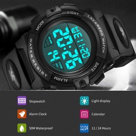 A ALPHA Boys Digital Sport Watch, Waterproof Alarm Calendar Analog for 3-15 Year Olds, Rubber Band, LED Display, Multifunctional Chronograph