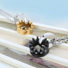 Flongo Men's Womens 2PCS Stainelss Steel Queen King Crown CZ Valentine Pendant Necklace, 22 inch and 18 inch Chain