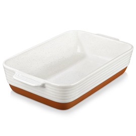 MALACASA Baking Dish 4.8 Qt Ceramic Casserole & Lasagna Pan, 9x13 Inch Deep Rectangular Oven Safe Dish with Handles for Baking, Roasting, Serving (Khaki & White) - Series Tara