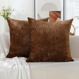 Qanatmz Coffee Brown Soft Throw Pillow Covers Decorative Chenille Square Couch Cushion Cases for Livingroom Sofa Decor, Set of 2,18 x 18 Inches