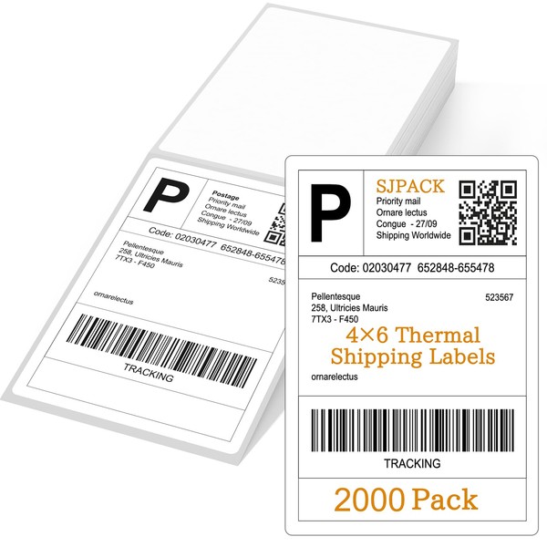 SJPACK 4" x 6" Thermal Labels, 2000 Fanfold Labels, Direct