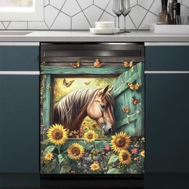 MLGB Horses Magnetic Dishwasher Door Cover Farm Animals Vinyl Fridge Door Cover, Vintage Windows Dishwasher Decal Magnetic Sticker Country Sunflower Skin for Dishwasher - 23" W x 26" H Magnetic